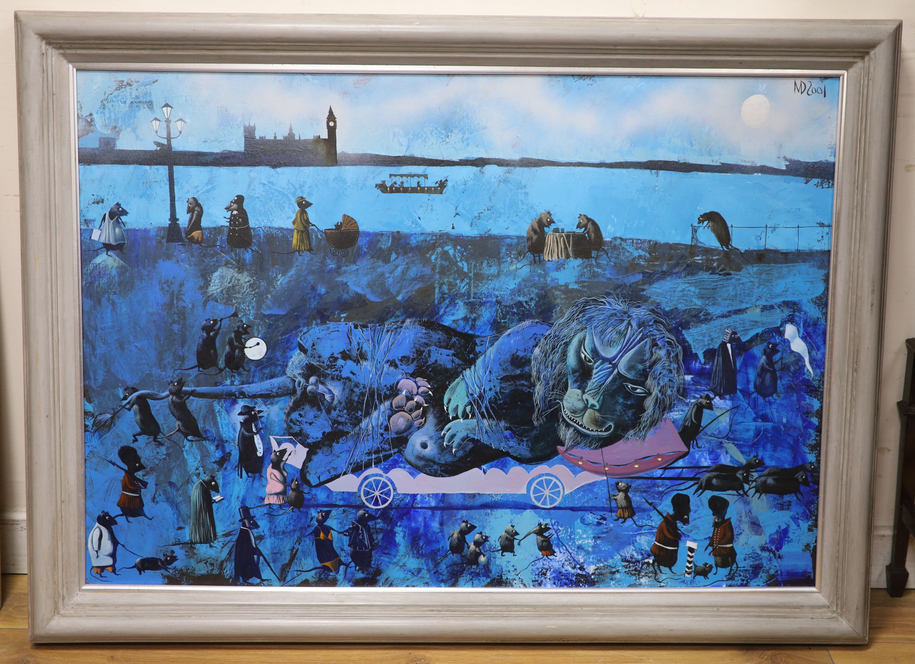 M.D. 2001, acrylic on canvas, Symbolist scene with bound lion surrounded by rats, the Houses of Parliament beyond, signed and dated, 68